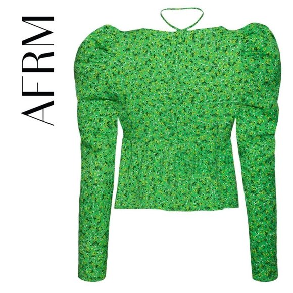 NEW AFRM Hough Tie Neck Peplum Top In Vert Ditsy Medium - Picture 3 of 8